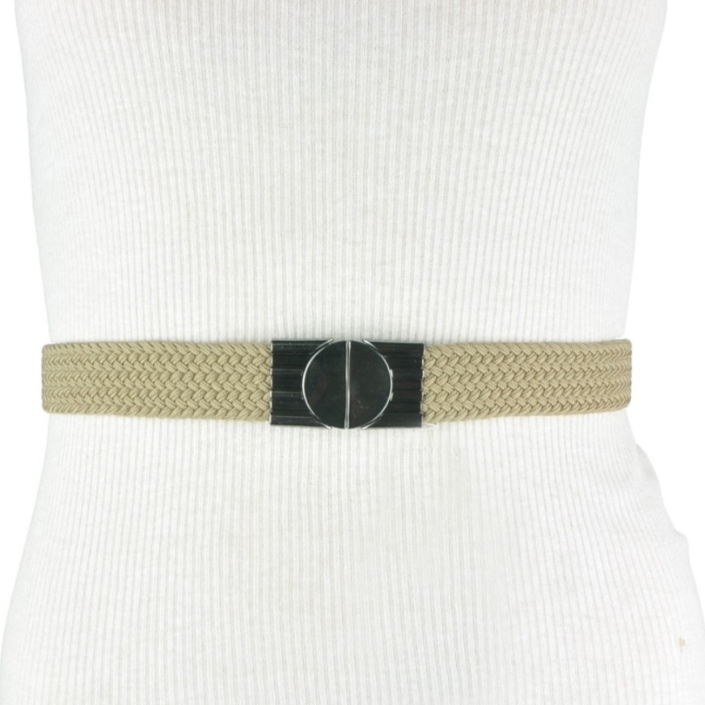 BCBG WAIST BELT WOVEN BEIGE TAN GUNMETAL BUCKLE BOHO STYLE SIZE S SMALL